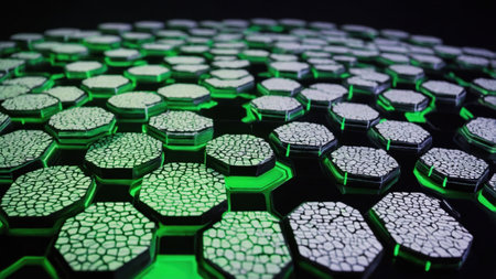 Abstract background with a grid of pulsing white hexagons floating over a green neon lightの素材
