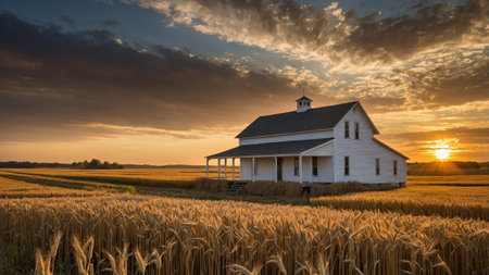 Golden sunlight bathes a charming farmhouse with white clapboard siding, nestled amid vibrant wheat fields. The sky is painted with soft hues as the sun sets, creating a serene atmosphere.の素材