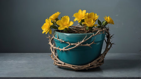 Crown of thorns surrounding a teal flower pot containing blooming yellow flowers, evoking Easter themes of sacrifice and resurrectionの素材