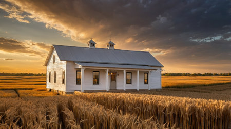 White clapboard farmhouse stands gracefully amid expansive golden wheat fields as the sun sets, painting the sky with warm hues and casting a serene ambiance over the landscape.の素材