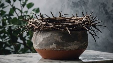 Crown of thorns placed on rustic clay pot, evoking Jesus' suffering and sacrifice, in a Christian religious settingの素材