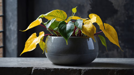 Golden pothos, also known as devil's ivy, with vibrant yellow and green leaves thriving in a stylish gray ceramic pot, adding a touch of nature to interior decorの素材