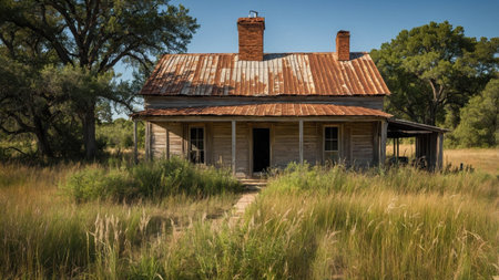 This rustic farmhouse features a classic tin roof and brick chimney, nestled in a natural landscape with tall grass and trees. An inviting porch adds to its charm.の素材