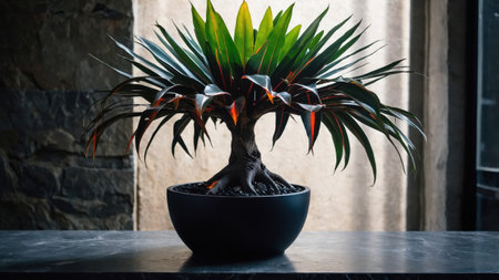 Small dragon tree bonsai with vibrant green and orange leaves in a black pot, placed on a dark marble surface near a stone wall, creating a peaceful atmosphereの素材