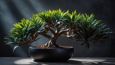 Potted bonsai tree with bright green leaves, illuminated by a ray of light against a dark background, creating a peaceful and zen atmosphereの素材