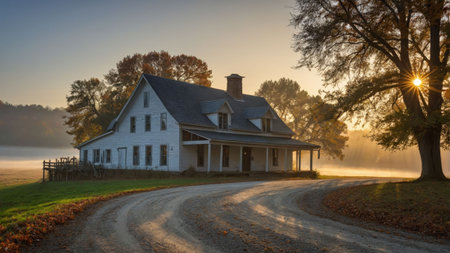 Morning light casts a warm glow on a charming farmhouse with a steep roof, surrounded by trees and rolling fields, creating a peaceful rural atmosphere at dawn.の素材