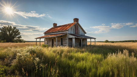 A weathered farmhouse features a tin roof and brick elements, standing alone in a lush field. The sun shines brightly, casting warm light on the surrounding grass and plants.の素材