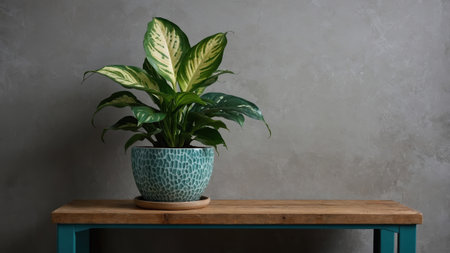 Green dieffenbachia plant with large spotted leaves in a turquoise ceramic pot standing on a wooden table against a gray wallの素材