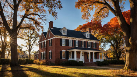 A charming Dutch colonial house features a distinct gambrel roof, set against a backdrop of vibrant autumn trees. Sunlight filters through branches, illuminating the peaceful scene.の素材