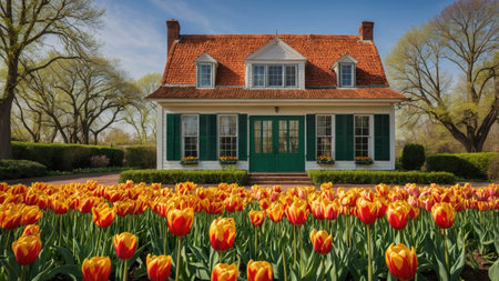 Nestled in lush greenery, this Dutch colonial cottage features striking green shutters and a vibrant garden of tulips. Sunlight bathes the scene, highlighting the cottage's charming architecture.の素材