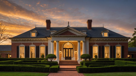 The federal mansion features striking brick walls and grand columns, beautifully illuminated as the sun sets behind it. Lush hedges frame the property, enhancing its stately presence.の素材