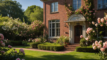 A picturesque Georgian home features a brick chimney and vibrant gardens filled with roses in full bloom. The scene captures the beauty of nature during a sunny afternoon.の素材