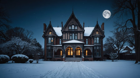 A beautiful Gothic Revival villa showcases intricate tracery against a backdrop of freshly fallen snow. The scene is illuminated by the glow of the moon, creating an enchanting atmosphere.の素材