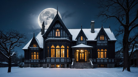 Captivating Gothic Revival villa with elaborate ornamentation stands majestic against a starry night.の素材