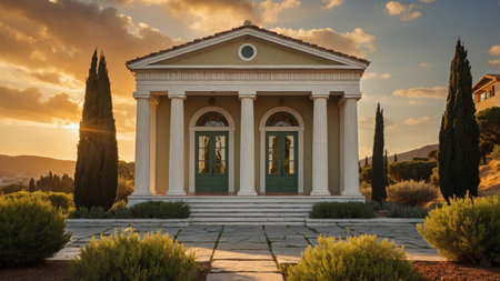 A beautiful Greek Revival residence stands with Ionic columns at sunset, surrounded by cypress trees and landscaped gardens, showcasing classical architecture and natural beauty.の素材