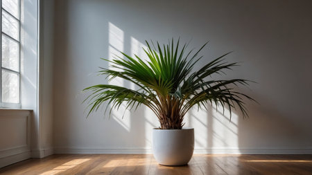 Potted Madagascar palm - Pachypodium lamerei - decorating a bright, minimalist interior with hardwood floorsの素材