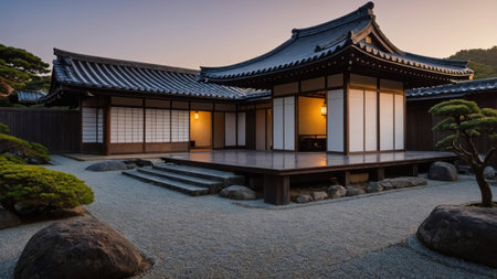 This Japanese house features elegant dark wood frames and sliding doors, nestled in a peaceful garden. Soft twilight highlights the tranquil surroundings and rocky pathways.の素材