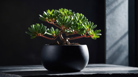 Portulacaria afra bonsai growing in a black ceramic pot, minimalist composition with dark background and dramatic lightの素材