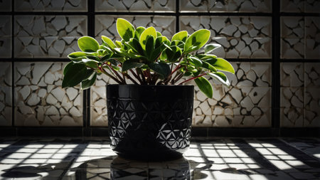 Hoya carnosa compacta hindu rope plant growing in a black pot on a mosaic tiled surface in a modern interior design with light and shadowsの素材