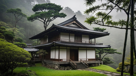 Traditional Japanese residence features a steep roof amid beautifully manicured gardens. Morning mist adds a serene atmosphere to the scene, highlighting the tranquility of nature.の素材