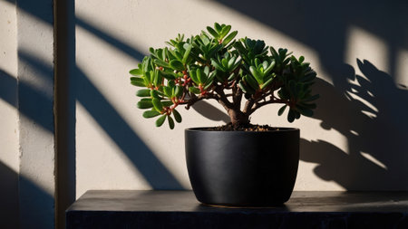 Jade plant growing in a black pot on a shelf with sunlight creating shadows on the wallの素材