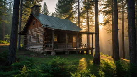 Nestled among tall trees, this log cabin features weathered logs and a welcoming porch. Morning sunlight filters through the forest, creating a peaceful atmosphere perfect for relaxation.の素材