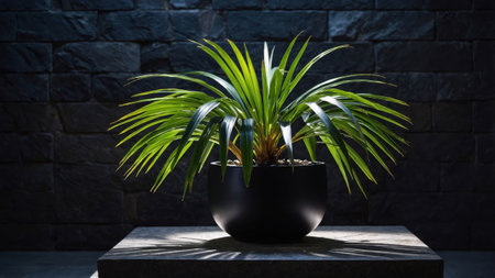 Madagascar palm with long fronds in a black pot on a gray surface, in front of a dark wallの素材