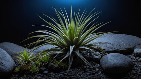Green air plant thriving in a low light environment, surrounded by dark rocks and pebbles, creating a miniature desert landscapeの素材