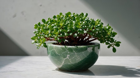 Lush, vibrant jade plant thriving in a decorative pot, adding a touch of nature to a modern interiorの素材