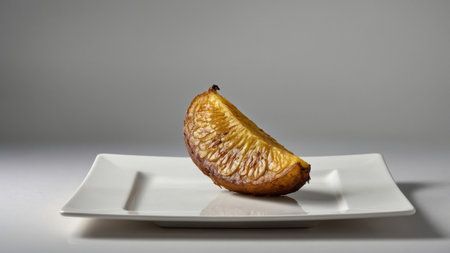Close up of a fried plantain slice on a white square plate, showcasing the golden color and crispy textureの素材