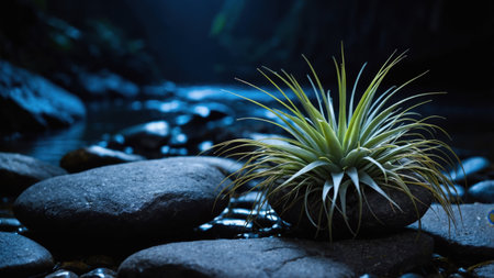 Air plant with long, thin, spiky leaves growing from a dark rock near a stream in dim lightの素材
