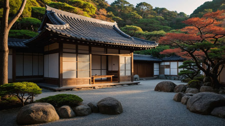 Traditional Japanese architecture features dark wood frames and sliding shoji doors, set in a serene garden filled with vibrant autumn colors and carefully placed stones.の素材