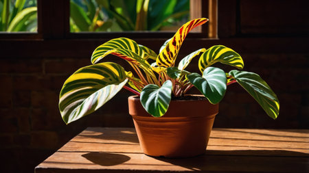 Vibrant prayer plant with striped leaves basking in sunlight, showcasing its unique foliage patternの素材