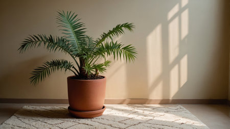 Lush Madagascar palm in a terracotta pot basking in sunlight filtering through a window in a cozy, modern interiorの素材