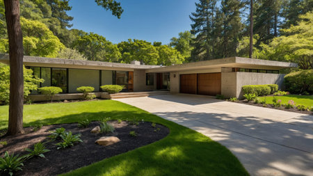 This midcentury modern residence showcases a low profile design with a blend of concrete and glass, nestled in a serene landscape filled with vibrant greenery and manicured lawns.の素材