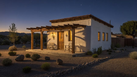 A charming mission cottage features stucco walls and wooden accents, illuminated by warm lights as evening descends over a peaceful desert setting filled with native plants.の素材