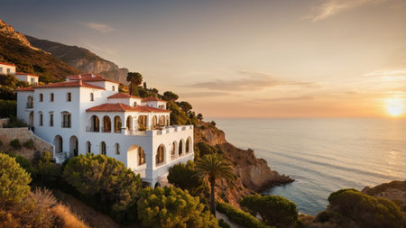 This Mediterranean villa features elegant white stucco architecture perched on a rocky cliff. The sun sets over the tranquil sea, casting beautiful colors across the sky.の素材