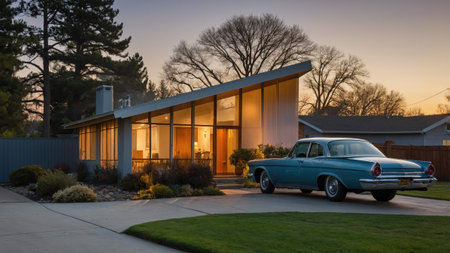 This MidCentury Modern home features a unique shed roof design. A vintage car is parked in the driveway, adding charm at sunset while soft light illuminates the interior.の素材