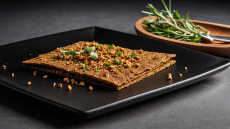 Portion of spiced teff flatbread, garnished with fresh herbs and chopped nuts, served on a sleek black plateの素材