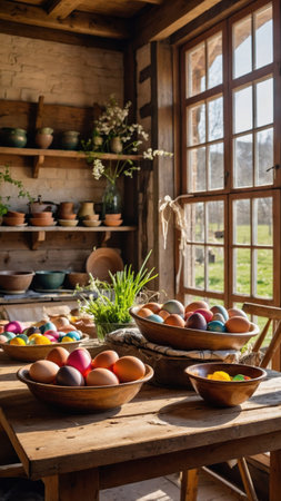 Colorful Easter eggs in bowls are showcased on a wooden table in a cozy kitchen. Sunlight streams through the window, highlighting the vibrant decorations and surrounding greenery.の素材