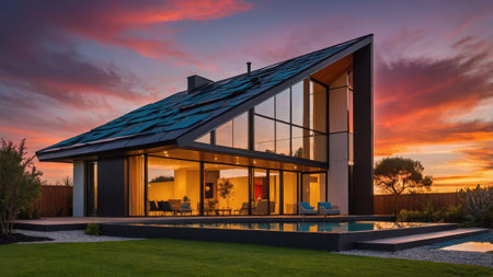 A postmodern house displays an innovative design featuring bold colors and large glass sections reflecting the vibrant sunset. The surrounding landscape complements the stylish architecture.の素材