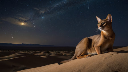 Beneath a vast star-filled sky, an Abyssinian cat rests elegantly on a rocky ledge in the desert. Its keen gaze surveys the tranquil surroundings, creating a mesmerizing night atmosphere.の素材