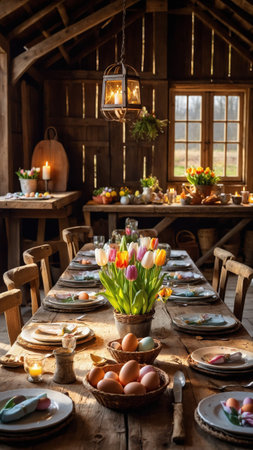 A long wooden table set for an Easter celebration features vibrant tulips and beautifully decorated eggs. The cozy barn environment is filled with spring decorations and warm light.の素材
