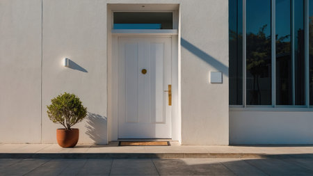 A stylish door adorned with a circular handle stands against a smooth white wall. A small potted plant adds a touch of greenery, while sunlight casts soft shadows on the entrance.の素材