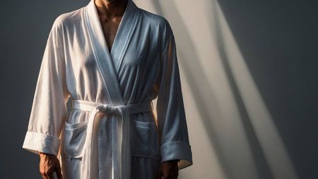 A person stands still in a loft-style space, wearing a white robe. Soft, natural light casts shadows on the wall, creating a serene atmosphere typically found during morning or evening hours.の素材