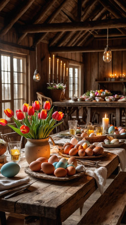 Gathering for Easter festivities in a cozy, rustic dining area featuring a long wooden table adorned with colorful eggs and vibrant tulips, creating a joyful atmosphere.の素材