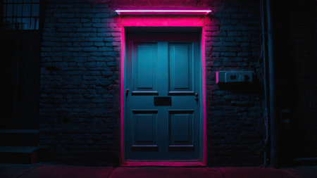 A bright neon light casts vibrant colors onto a closed door in a dimly lit alley, highlighting the textured brick wall, creating an artistic urban atmosphere perfect for nightlife.の素材