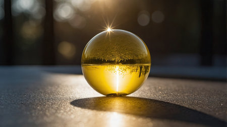 A golden sphere sits on a surface, reflecting sunlight and casting shadows. The warm light highlights the sphere's texture, enriching the natural environment around it during late afternoon.の素材