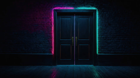 A dark interior space features a wooden door surrounded by bright neon lights in pink and blue hues, enhancing the mysterious and inviting feel of the area.の素材