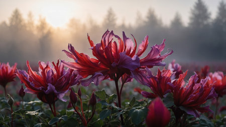 Beautiful crimson and violet flowers blooming in a misty field at sunrise, creating a magical atmosphereの素材
